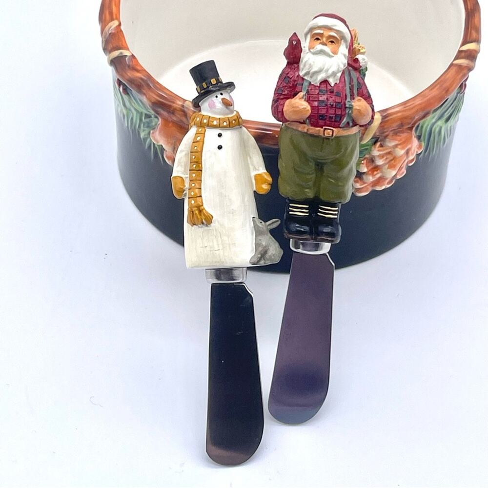 Susan Winget Woodland Home Collection Dip Bowl w/ Santa & Snowman Spreaders